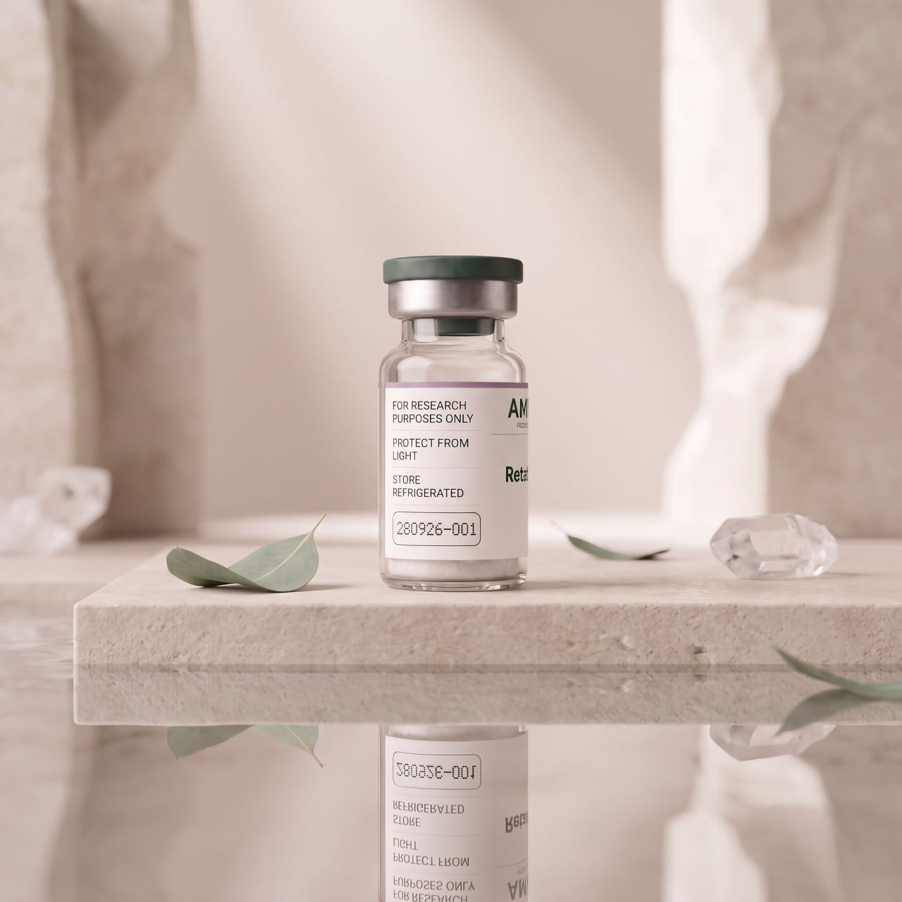 AMYNO research peptide vial on a stone plinth