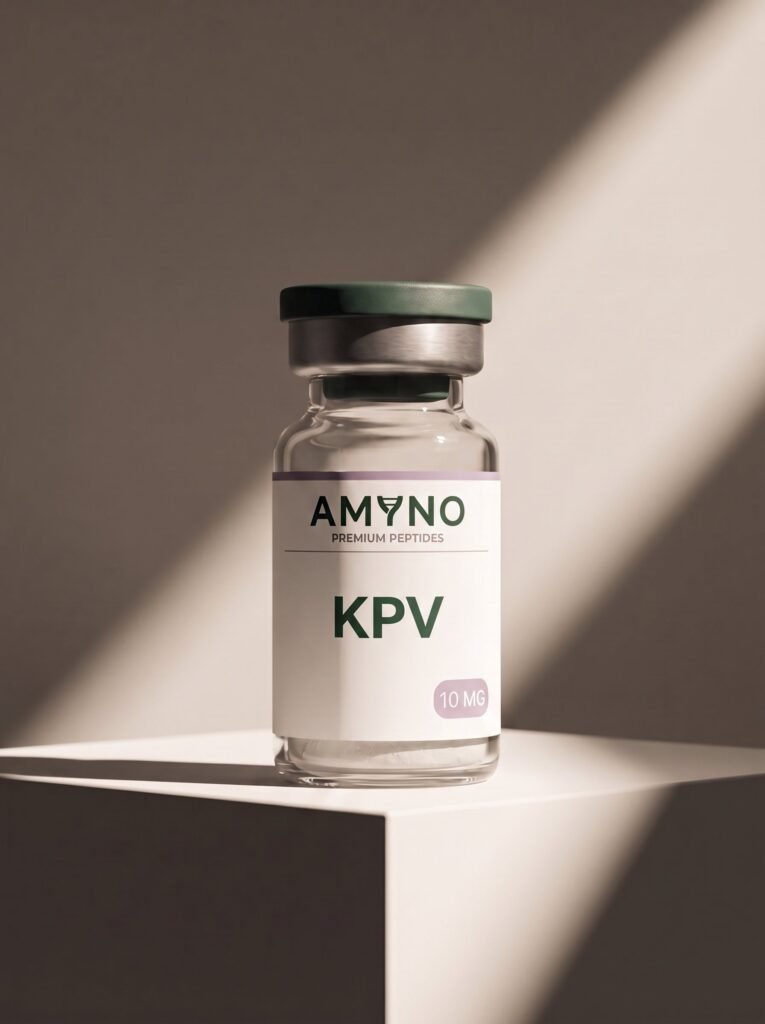KPV 10mg research vial — AMYNO studio photo