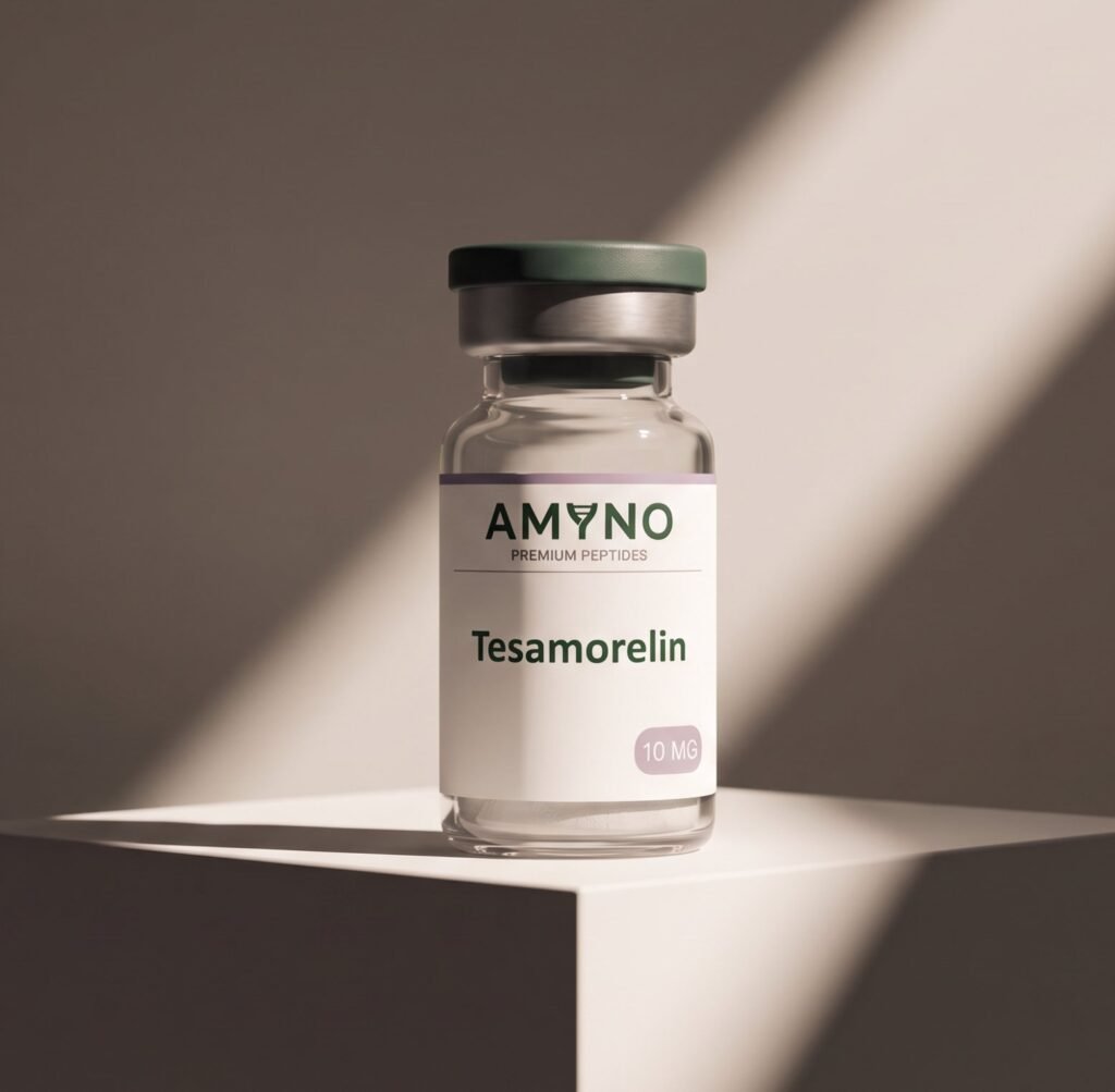 Tesamorelin 10mg research vial — AMYNO studio photo